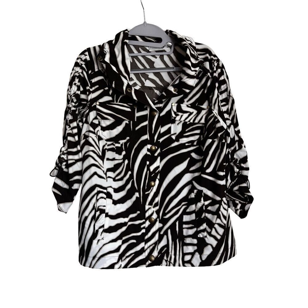 Zenergy by Chicos Womens Neema Cool Zebra Print Jacket Brown White SZ 0‎ Small